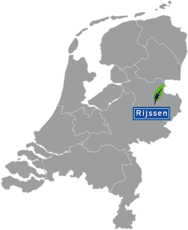 Grijze kaart van Nederland met Rijssen aangegeven voor maatwerk taalcursus Spaans zakelijk - blauw plaatsnaambord met witte letters en Dagnall veer - transparante achtergrond - 600 * 733 pixels